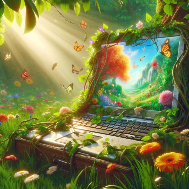 web An overgrown, whimsical laptop in a natural setting, covered in vines and flowers, with birds and butterflies fluttering around. The laptop is old and
