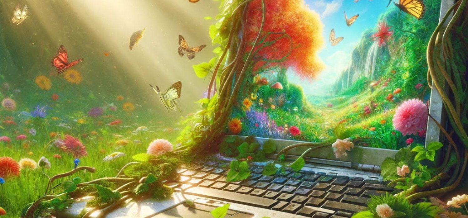 web An overgrown, whimsical laptop in a natural setting, covered in vines and flowers, with birds and butterflies fluttering around. The laptop is old and